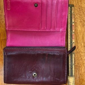 Coach Leatherware Est 1941 small wallet burgundy and pink with plaid.